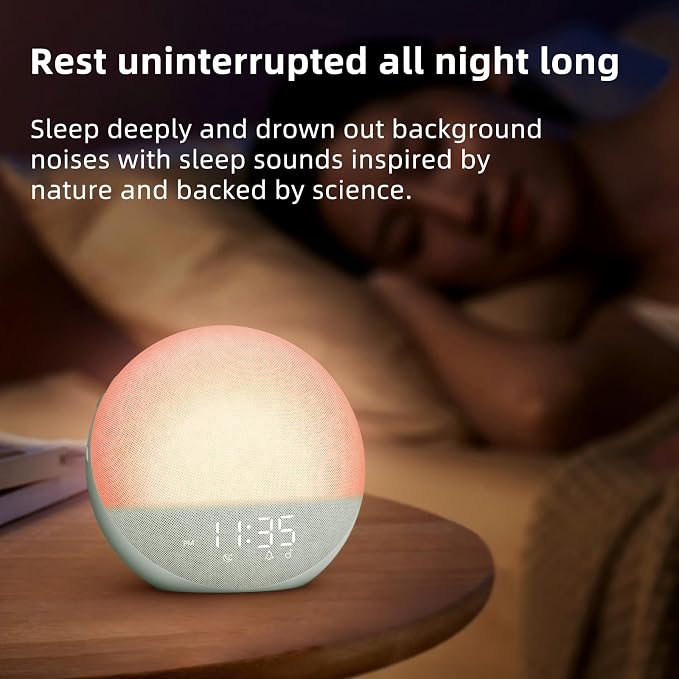 Odokee Sunrise Alarm Clock White Noise Machine: Natural Wake Up Light | Dimmable Clock with Bluetooth Speaker for Bedroom - 25 Sleep Sounds for Baby Adults Kids Sage Green