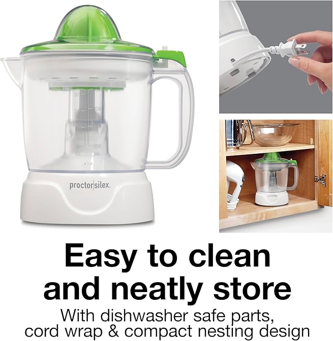 Proctor Silex Electric Citrus Juicer Machine, Large 34 oz. Pitcher, Pressure Activated, 2 Reamers for Big and Small Fruit, Pulp Control, for Orange, Lemon, Grapefruit Juice, White & Green (66340)