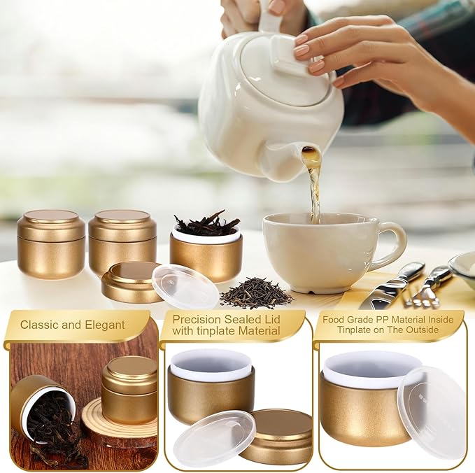 Suclain 50 Pack Small Tea Tin Canisters Bulk with Airtight Double Lids 3.4 oz Mini Leaf Tea Storage Containers Round Metal Tinplate Kitchen Teas Tin Can Box for Loose Teas Coffee Herbs Spices(Gold)