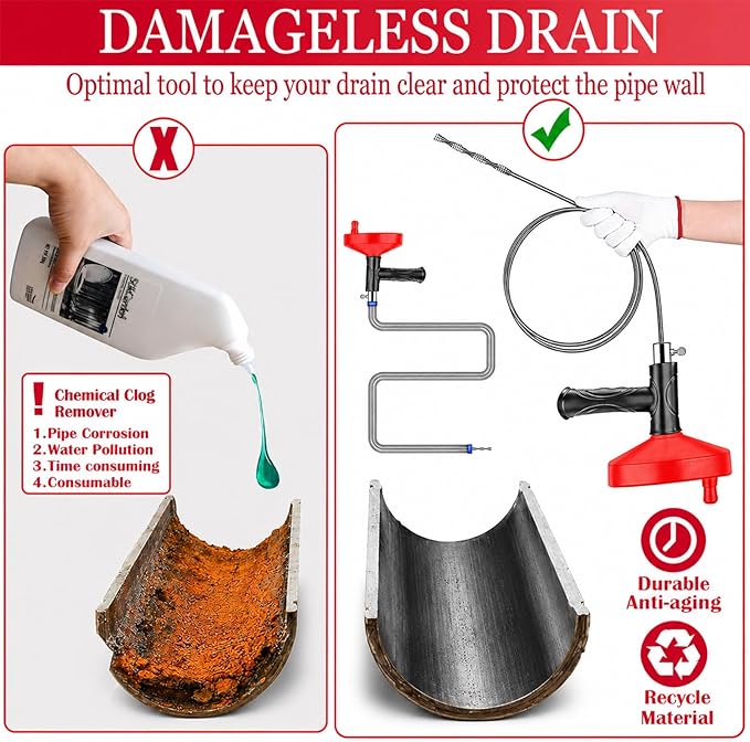 Drain Snake Auger 33 Ft, Plumbing Snake Drain Hair Clog Removal Tool, Heavy Duty Snake Auger, Sink Unclogger Drain Cleaner Tool for Bathroom Kitchen Tub Shower Drain Clog Remover with Gloves, Red