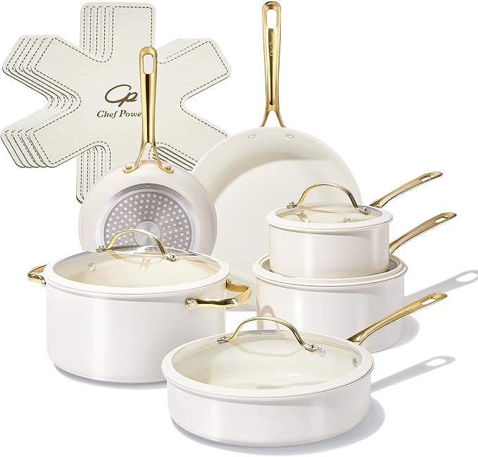 Chef Power Ceramic Cookware Sets, 15Pcs Pots and Pans Set Non Stick, Cookware Set with Stainless Steel Handle, Dishwasher & Oven Safe, Cream White and Light Gold Handle