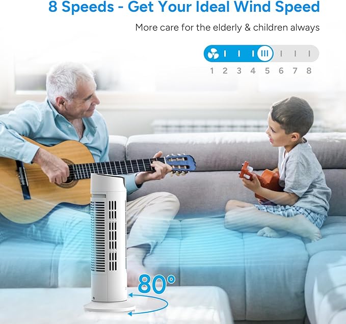 DR.PREPARE Tower Fan for Bedroom, 25 dB Quiet DC Motor Bladeless Fan, Detachable Washable Design, 8 Speeds, 8H Timer, 80° Oscillating Fans for Indoors, 16 Inch Desk Table Fans with Remote, White