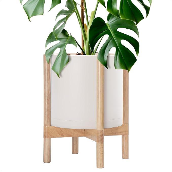 D'vine Dev Plastic Pot with Natural Wood Stand, Oatmeal, 12 in, 55-C-P-4 | Mid-Century Inspired Design, Elevated Plant Display, Clean Lines, Sturdy Support, Modern Space-Saving Style