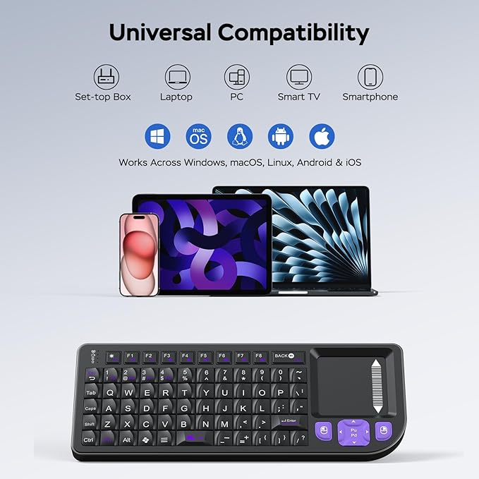 All-in-One Mini Keyboard with Touchpad, a Sturdy Aluminum Frame. Rechargeable & Portable. Seamless Connectivity with iPad, Mac, and PC. The Perfect Companion for Smart Home, IT Tech & Field Service.