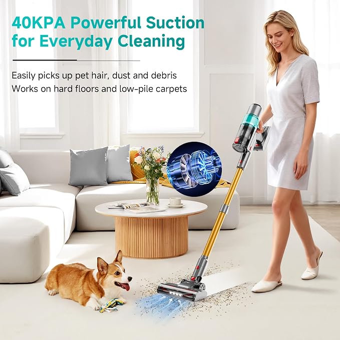 Cordless Vacuum Cleaner:Portable 6-in-1 Stick Vacuum with Anti-Tangle Brush | LED Headlight, Self-Standing, HD Display, Rechargeable Vacuum for Pet Hair, Low-Pile Carpet and Hardwood Floor-Green