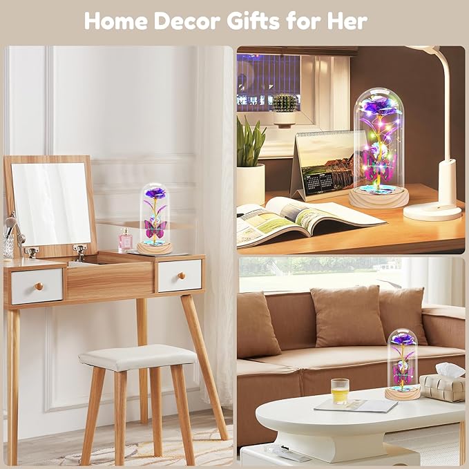 Otlonpe Preserved Forever Mothers Day Flower Gifts for Mom, Glass Rose Wood Base Colorful Light Butterfly Gifts for Women Grandma Girlfriend Wife Her, Valentines Mothers Day Christmas Birthday