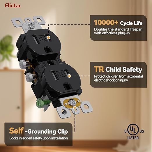 AIDA 1 Pack 15 Amp Outlet Duplex Electrical Receptacle Outlets,Power Outlet,Tamper Resistant,Heavy-Duty Receptacle, 2 Pole,3-Wire, Self-Grounding Clip, NEMA 5-15R,UL Listed,Black