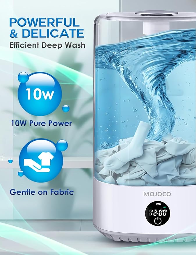 Mojoco Mini Washing Machine - 6L Small Portable Washing Machine with 3 Wash Modes for Underwear, Socks & Baby Clothes - Rechargeable Countertop Mini Washer for Dorms, Hotels, Travel & Camping