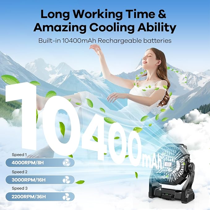DOWILLDO 15000mAh Portable Battery Powered Camping Fan - with LED Light, Quiet Battery Operated, Camping Gear for Travel, Tent, Beach, Car or Hurricane Power Outages，Black