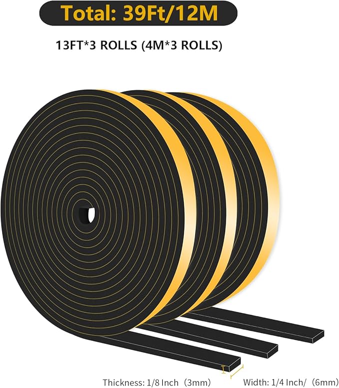 Weather Stripping Door Seal,Weather Stripping,Soundproof,Cold Insulation,High Density CR Foam Insulation Tape for Door, Front Door Frame, Windows,Sliding Door (Black, 1/4 in x 1/8 in x 39Ft)