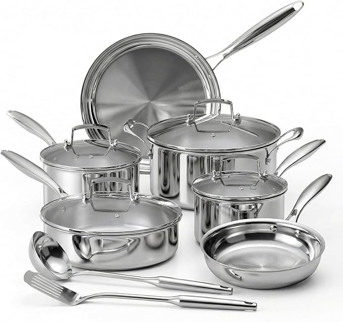 12 Piece Stainless Steel Pots and Pans Set, Tri-Ply Clad Cookware Set, Professional Induction Cookware Sets with Glass Lids, Oven & Dishwasher Safe, Non Toxic Silver Kitchen Sets (12, Silver)