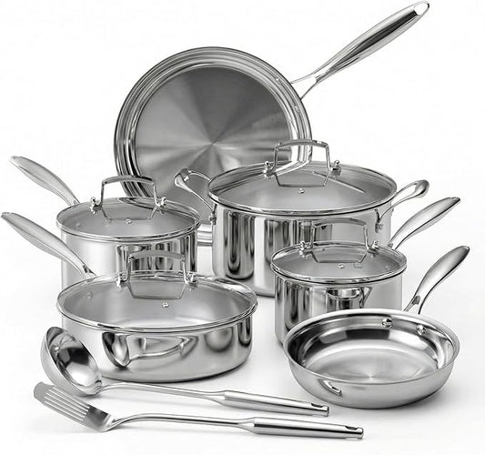 12 Piece Stainless Steel Pots and Pans Set, Tri-Ply Clad Cookware Set, Professional Induction Cookware Sets with Glass Lids, Oven & Dishwasher Safe, Non Toxic Silver Kitchen Sets (12, Silver)