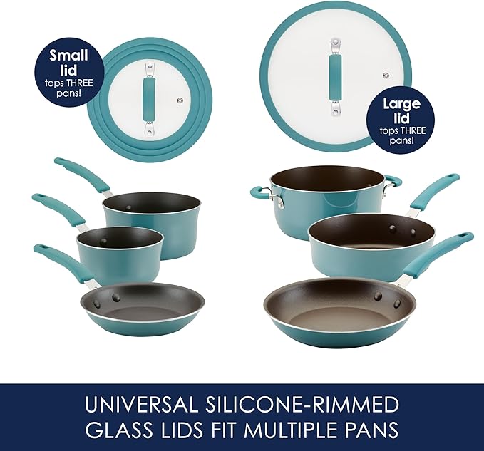 Rachael Ray Cook + Create Nonstick Cookware/Pots and Pan Set, 10 Piece, Agave Blue