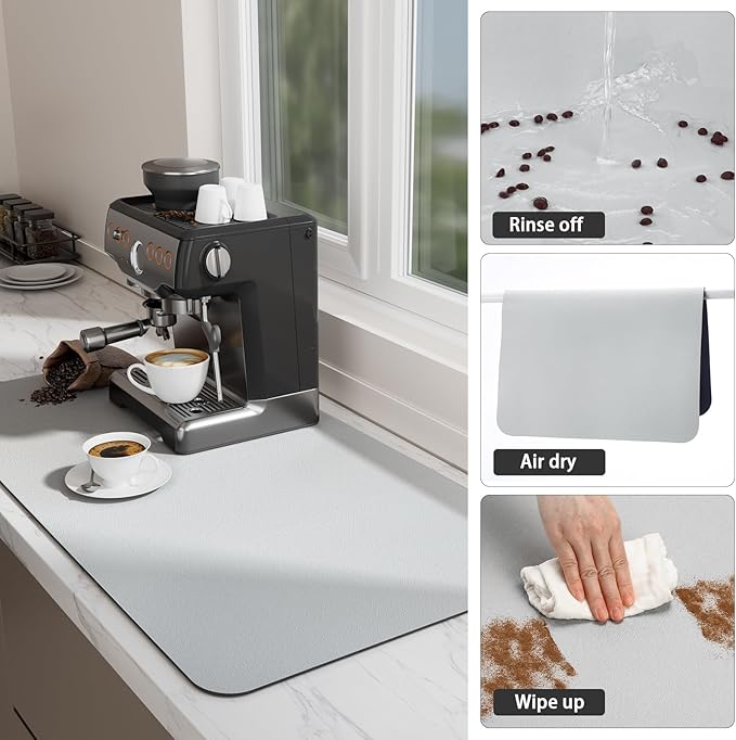 Ecotrim Absorbent Coffee Mat , Stain Hiding PU Leather Surface, Non-Slip Natural Rubber Backing, Quick Dry Mat for Espresso Machine, Kitchen Counter ,Light Grey | 12" x 19"