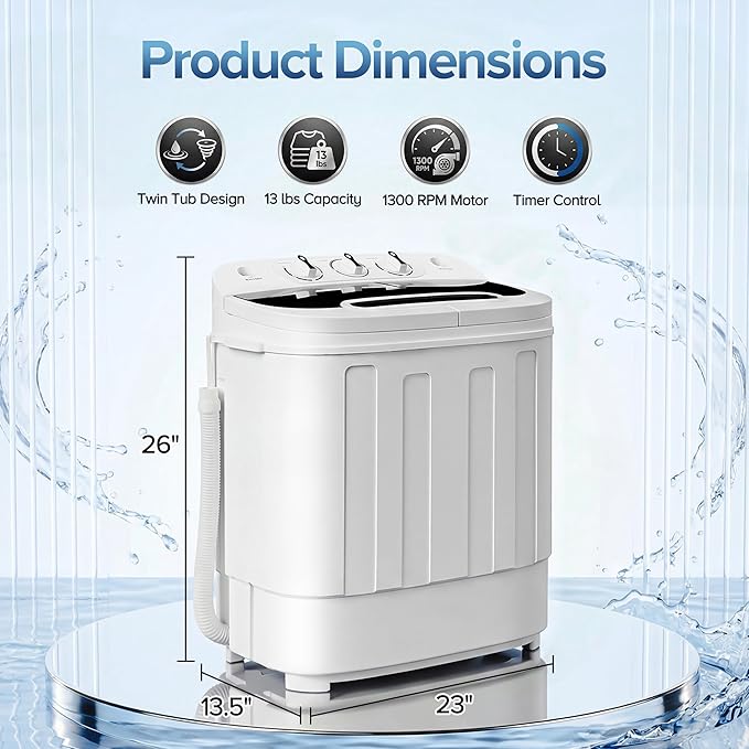 SUPER DEAL Compact Mini Twin Tub Washing Machine 13lbs Capacity Portable Washer Wash and Spin Cycle Combo, Built-in Gravity Drain for Camping, Apartments, Dorms, College, RV’s and Small Spaces