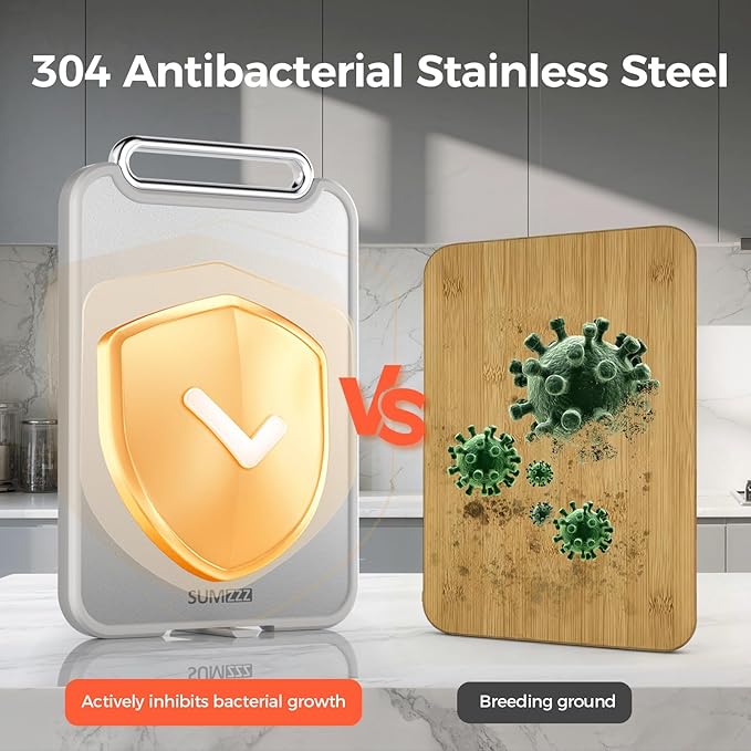 Sumzzz 2-in-1 Stainless Steel Cutting Board, Double-Sided for Raw Meat & Vegetables, Dishwasher Safe, Easy to Clean, Non-Slip Large Chopping Board with Juice Groove, Ideal for Home Kitchen (16”×11”)