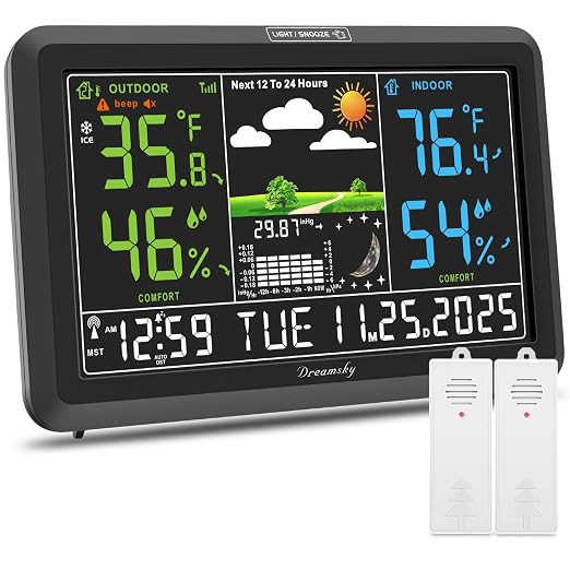 DreamSky Weather Station Indoor Outdoor Thermometer Wireless, Atomic Clock | Digital Large Display with Dimmer, USB Port, Inside Outside Temperature Humidity Monitor for Home (Plug-in)-2 Sensors