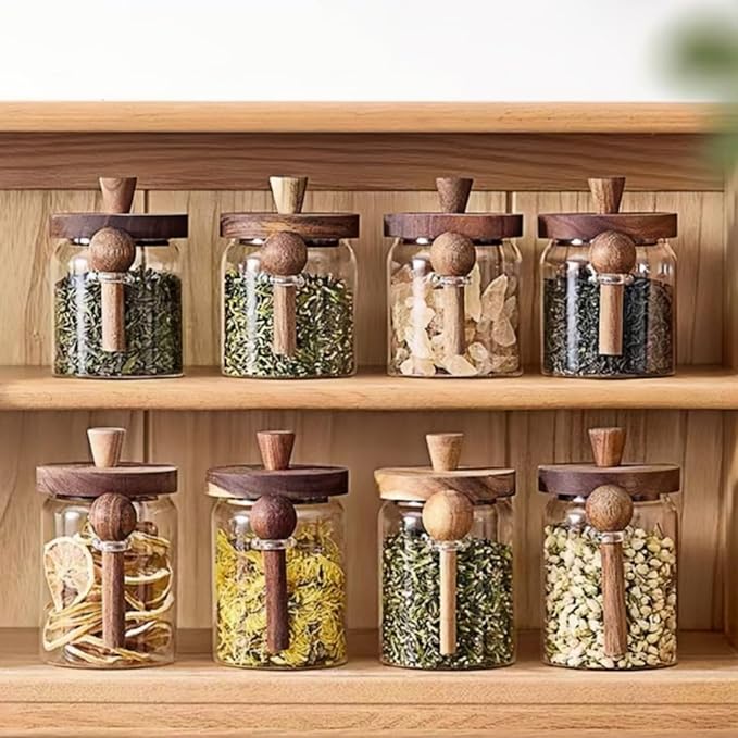 ANSQU Glass Jar with Wooden Lid & Spoon, 13.5oz Food Storage Containers Coffee Jar Coffee Grounds Container, Sugar Canister (1pack)