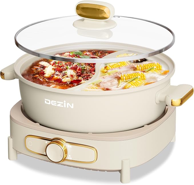 Dezin 6L Hot Pot Electric with Divider, Shabu Shabu Pot with Power Control | Removable 1500W Chinese Hot Pot, Non-Stick Hotpot with Multi-Power Adjustment, 3" Depth Double-Flavor Pot with Silicone Ladle