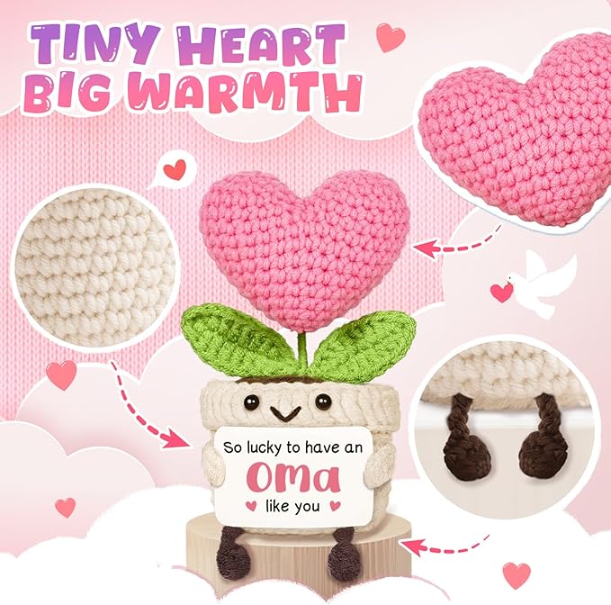 Oma Gifts for Grandma, Mothers Day Birthday Gift for Oma from Granddaughter Grandson, Mini Handmade Emotional Positive Crochet Pink Heart Flower
