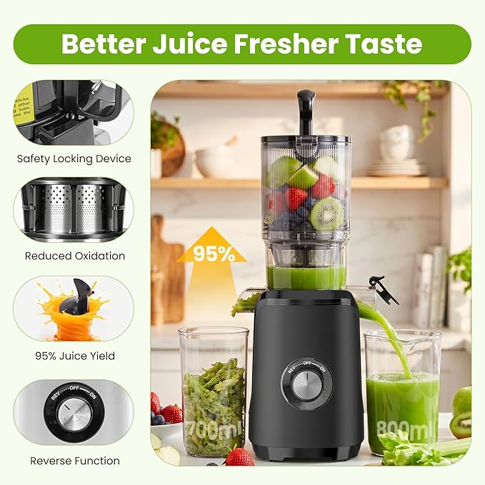 Slow Masticating Juicer Machines, Cold Press Juicer with Safety Lock & Reverse Function, 4.25" Feed Chute for Whole Fruits & Vegetables, High Juice Yield, Black