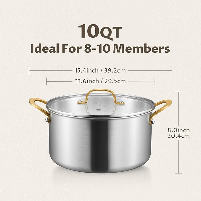 BEZIA 10 QT Stock Pot with Lid, Full Clad Tri-Ply Stainless Steel Soup Pot | Large Induction Cooking Pot, Uncoated & Built to Last, for Festive Party Drinks, Heavy-Duty Stock Base and Seafood Steaming