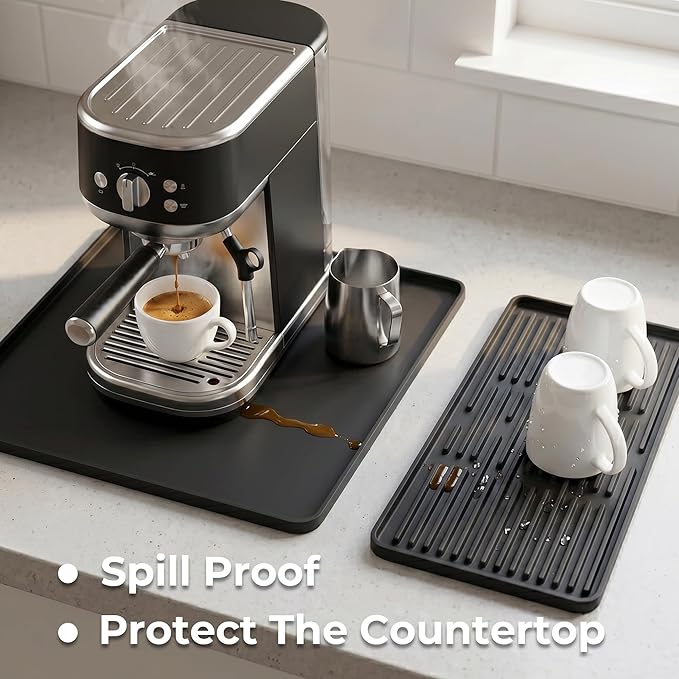 16×16-inch Silicone Coffee Mat for Espresso Machine - Heat Resistant, Waterproof Countertop Protector Pad with Raised Edges, Easy Clean Dish Drying Mat for Kitchen, Pet Food Mat (Black)