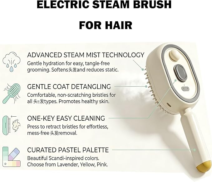 2026 Electric Steam Brush - Rechargeable Detangling Steam Hair Straightener, Reduces Frizz & Static, Nourishes Hair, Portable for Short Styles (Off-White)