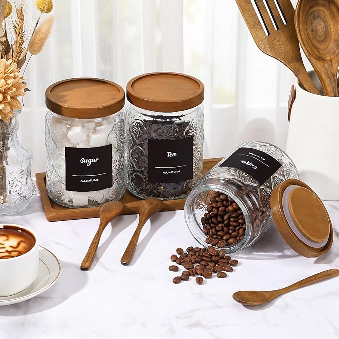 3 Pcs Glass Coffee Container Set with Wooden Lid Spoon Shelf Labels Clear Sugar Tea Airtight Jar Food Storage Canisters Set for Spice Holder Coffee Bar Gifts(Begonia,24 oz)