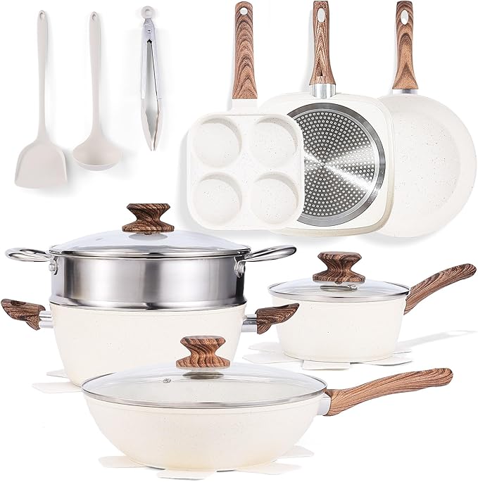 DUMOS 17 Pcs Pots and Pans Set, Nonstick Kitchen Cookware Set, Induction Cooking Sets with Stay-Cool Handles, Beige