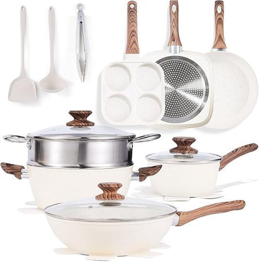 DUMOS 17 Pcs Pots and Pans Set, Nonstick Kitchen Cookware Set, Induction Cooking Sets with Stay-Cool Handles, Beige