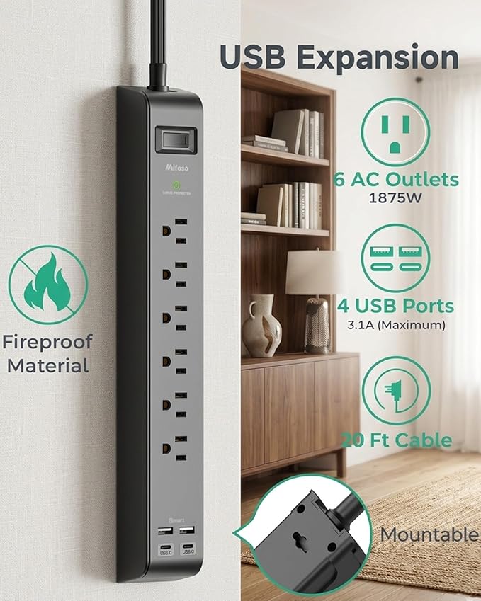 2 Pack Power Strips Surge Protector, 20FT Flat Extension Cord with Multiple Outlets, 6 Outlets 4 USB Charging Ports, Flat Plug, Overload Protection, Wall Mount for Home Dorm Office