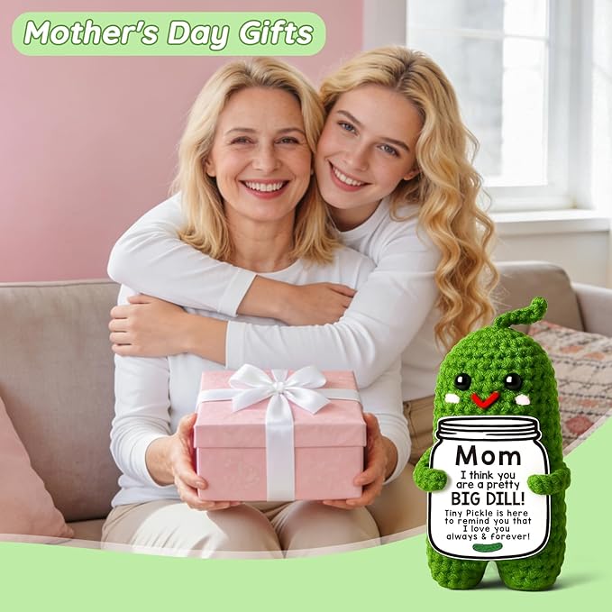 MAMAGIFTREE Mothers Day Birthday Gifts for Mom from Daughter Son, Handmade Crochet Pickle Plush “Big Dill” Gift for Mother in Law or Stepmom Mothers Day Keepsake, I Love You Mama Small Cute Decor