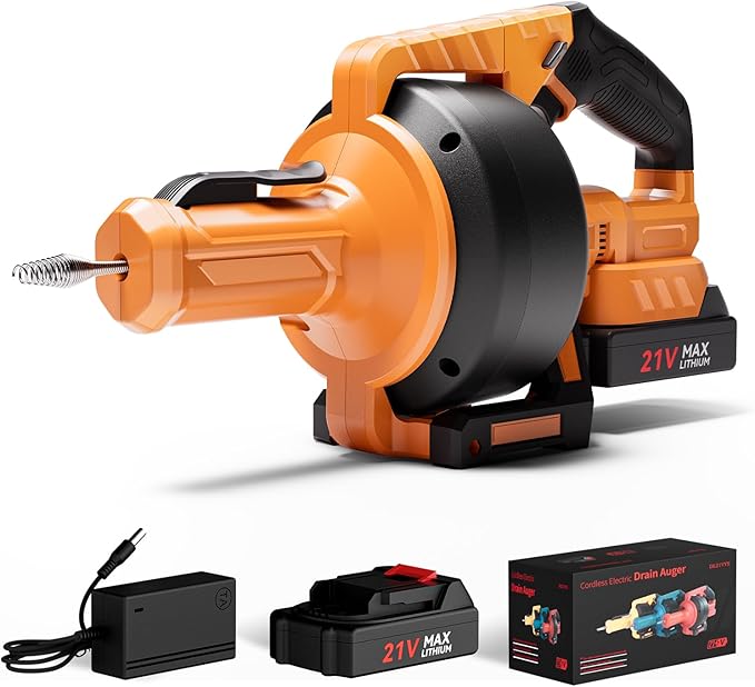 Ublue 21V Cordless Electric Drain Auger, 25Ft Auto Feed Drain Snake for Clog Remover with 2.0Ah Battery, Plumbing Snake for Sink Toilet Bathroom Shower Pipes 3/4"-2.95", Included Bag Gloves Rag