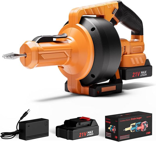 Ublue 21V Cordless Electric Drain Auger, 25Ft Auto Feed Drain Snake for Clog Remover with 2.0Ah Battery, Plumbing Snake for Sink Toilet Bathroom Shower Pipes 3/4"-2.95", Included Bag Gloves Rag