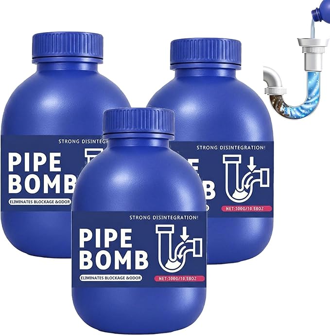 Pipe Bobo Drain Cleaner 3-Pack, Professional Strength Pipe Bomb Drain Clog Remover for Sinks, Showers & Tubs, Heavy Duty Powder to Unclog Drains & Eliminate Odors | 3 Bottles