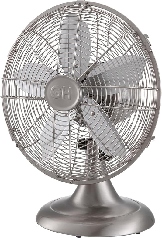 Good Housekeeping 92605 All-Metal 12" Retro Desk Office Table Fan with Wide Oscillation, 3-Speed Settings & Carrying Handle, Brushed Nickel