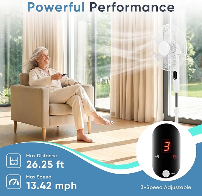 NEWBULIG 17" Pedestal Fan with Remote, 15H Auto Timer, Quiet Standing Fan for Bedroom, Living Room & Office, 3 Speeds, 3 Modes, Adjustable Height & 80° Oscillation