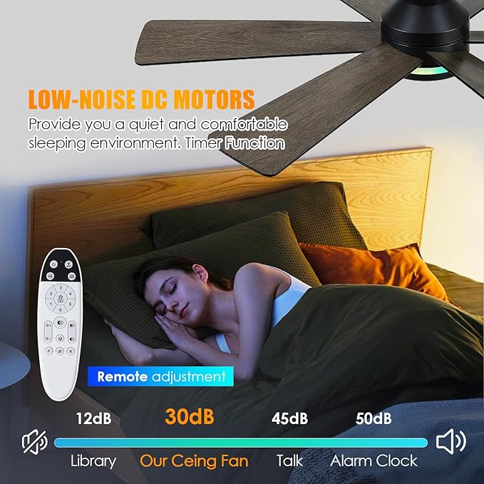 Asyko 46" Black RGB Ceiling Fans with Lights and Remote,Low Profile Ceiling Fans with Quiet Reversible DC Motor,Small Modern Flush Mount Ceiling Fan Light for Bedroom Kids Room