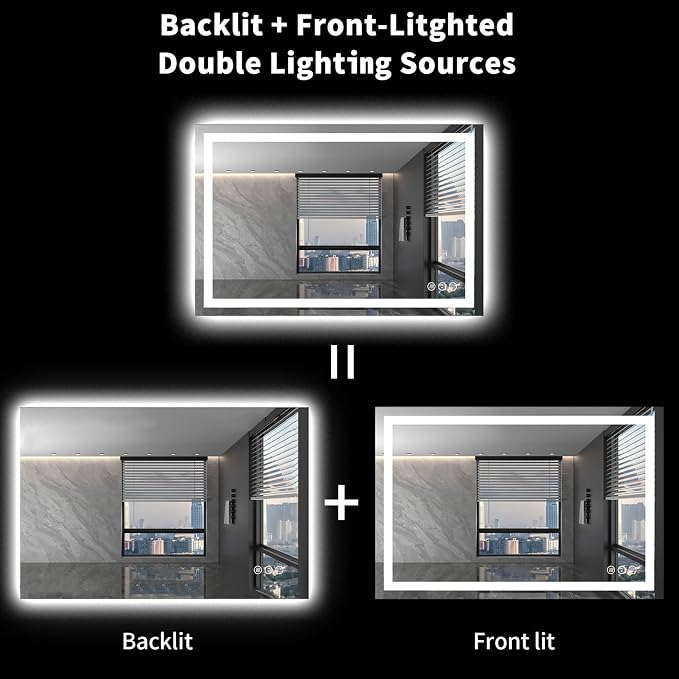 LOAAO 48X36 LED Bathroom Mirror with Lights, Anti-Fog, Dimmable, Backlit + Front Lit, Lighted Bathroom Vanity Mirror for Wall, Shatter-Proof, Memory Function, ETL Listed