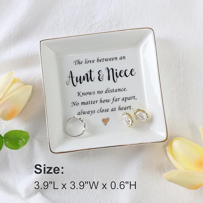 HOME SMILE Aunt Gifts from Niece, Aunt and Niece Gifts, Ring Dish Jewelry Tray for Aunts Birthday, Mothers Day, Valentine’s Day, Thanksgiving, Xmas-The Love Between Anut & Niece Knows No Dsitance