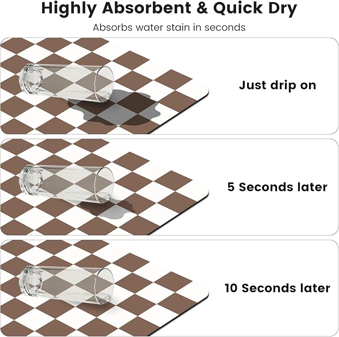 17" x 32" Checkered Dish Drying Mat for Kitchen Counter, Absorbent Coffee Bar Mat for Espresso Machine Coffee Countertops Accessories, Coffee Brown