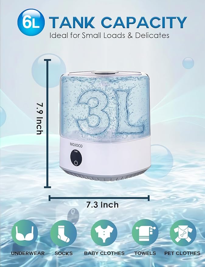 MOJOCO Mini Washing Machine - 3L Small Portable Washing Machine with 3 Wash Modes for Underwear, Socks & Baby Clothes - Rechargeable Countertop Mini Washer for Dorms, Hotels, Travel & Camping