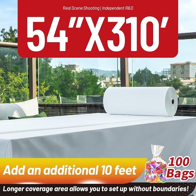 Plastic Table Cloth, 310 Ft x 54 in Disposable Tablecloth White Plastic Tablecloth with Any Cut Sliding Cutters and 100 Bags Premium PEVA Table Cover Roll for Picnics, Parties, Birthdays, Weddings