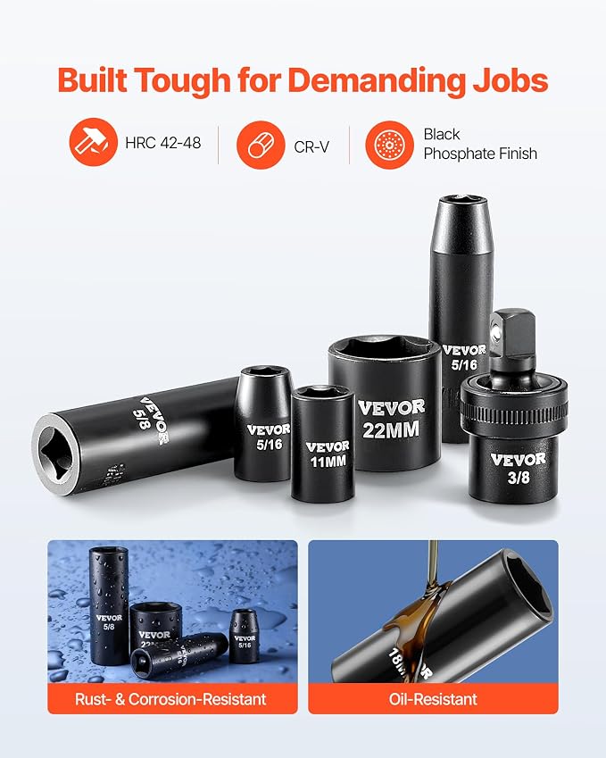 VEVOR 3/8" Drive Impact Socket Set, 50-Piece Standard SAE (5/16 to 3/4 inch) & Metric (8-22 mm) Size, Deep & Shallow, 6 Point, CR-V, Ratchet Handle, Extension Bars, Universal Joint, Reducer, Adapter