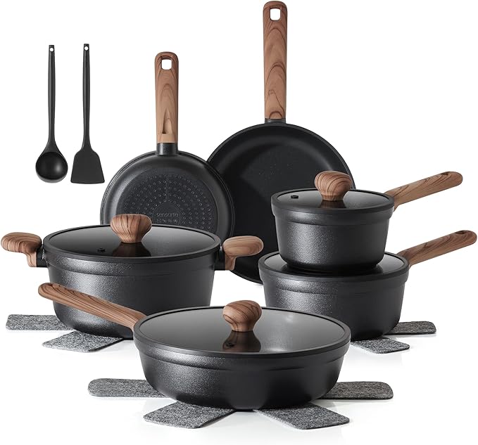 SENSARTE Nonstick Pots and Pans Set 17pcs, Healthy Induction Cookware Set, Kitchen Cooking Set with Skillets & Saucepans, Stay-cool Handles, Dishwasher Safe, PFOA PFOS Free, Matte Black