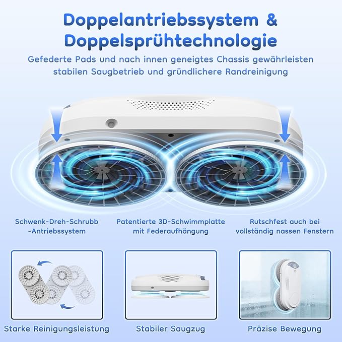 Obito X3 Window Cleaning Robot, Dual Nozzles with Ultrasonic Spray, 5.0 AI Path Planning, Max 3200Pa & Steady-Climbing System, Automatic Edge Detection, Robot Window Cleaner Inside/Outside, White