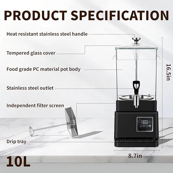 Commercial Coffee Urn Hot Beverage Dispenser Coffee Maker, Food-grade Plastic 10 L 65 Cups, Hot Chocolate Machine, Electric Percolator for Catering Hot Water for Hot Cocoa, Drink, Tea, Juice