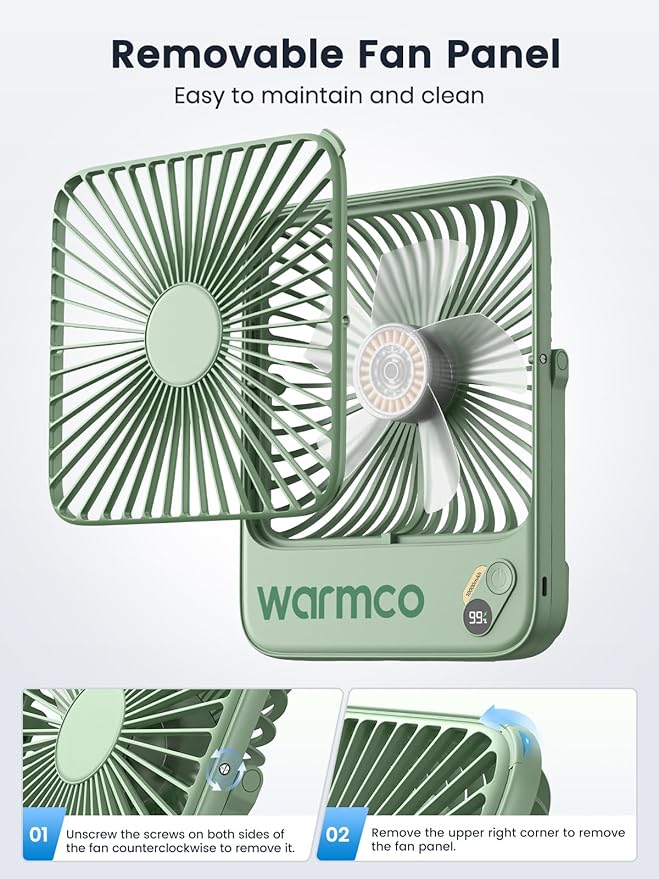 Warmco 10000mAh Portable Travel Fan 7-inch, Max 24H Runtime, Ultra-thin Quiet Rechargeable Battery Operated Desk Fan with Digital Display for Camping, Office, Bedroom, Cruise Essentials