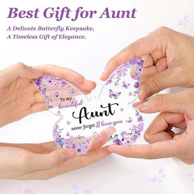 Gifts for Aunt, Aunt Birthday Gifts - Unique Purple Butterfly Acrylic Plaque Desk Decor - Mothers Day Christmas Gift for Aunt from Niece Nephew - 5 x 3.8 x 0.5 inches